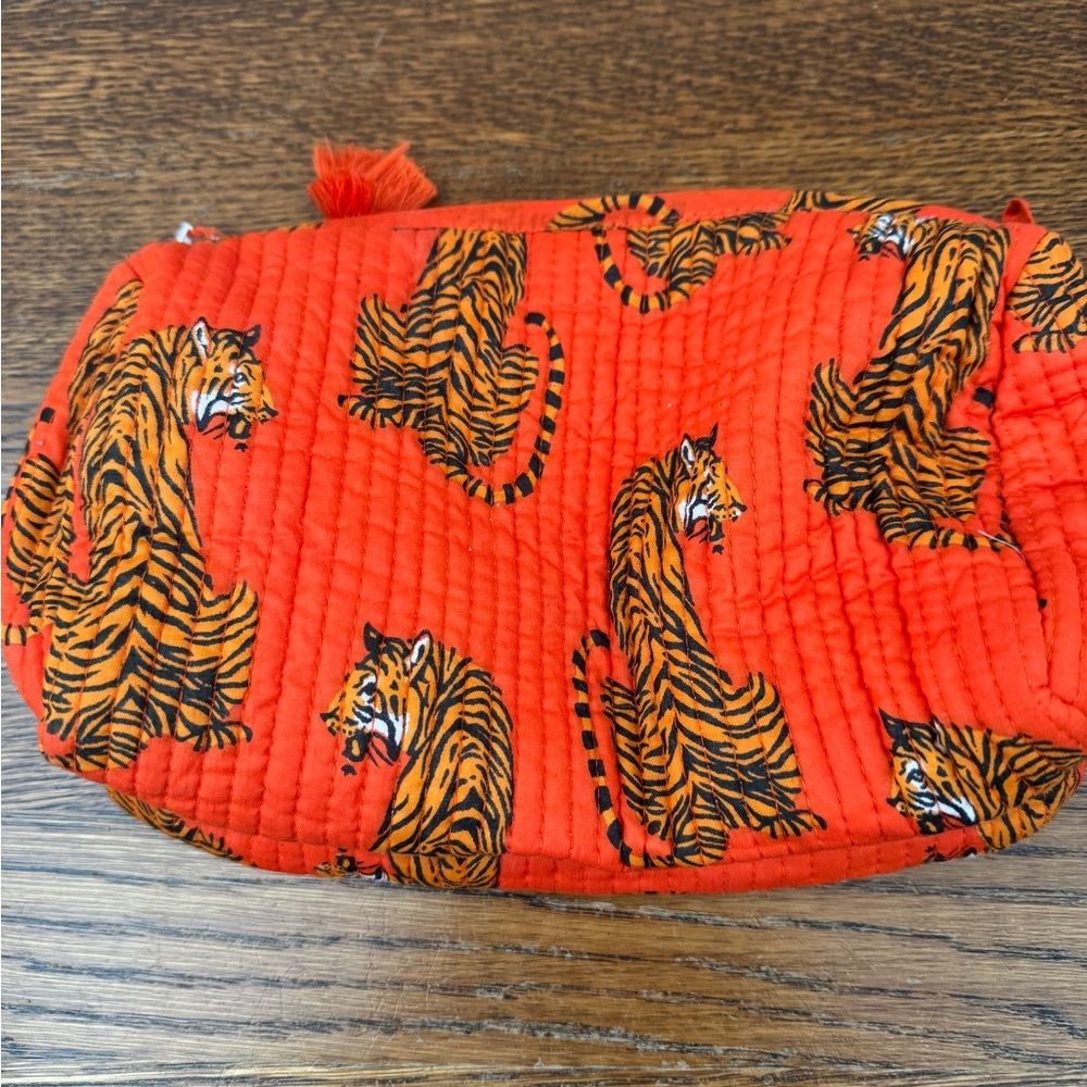 New Tiger Print Quilted Cosmetic Pouch - Bright Orange - Picture 3 of 6